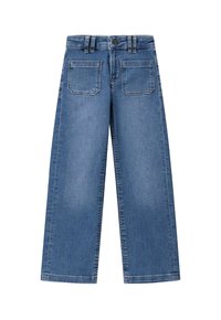 Jean en denim bleu à taille haute et jambes larges, avec une fermeture à bouton à l'avant et deux poches plaquées à l'arrière. Texture lisse et couleur uniforme.