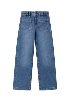 Brede blauwe denim jeans met een hoge taille, voorzien van een sluiting met knoop aan de voorkant en twee achterzakken. Soepele textuur en uniforme kleur.