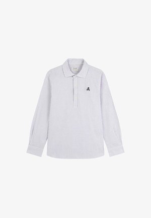 Long-sleeve polo shirt in light blue and white stripes, featuring a collar, three buttons, and a small navy logo on the left chest.