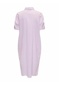 Rochie cu mânecă scurtă, de culoare mov deschis, cu guler, având mâneci răsucite și o siluetă lejeră, midi. Textură moale a țesăturii.
