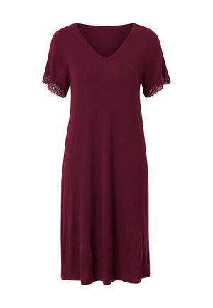 Burgunderfarbenes Kleid mit V-Ausschnitt und kurzen Ärmeln, verziert mit Spitzenakzenten an den Manschetten. Fließende Silhouette aus weichem Stoff.