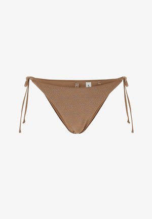 Bas de bikini marron avec liens sur les côtés et motif en losanges réalisé par de petites perforations, taille indiquée small.