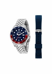 Orologio in acciaio inossidabile argentato con quadrante blu, ghiera rossa e indicatori delle ore bianchi. Include un ulteriore cinturino in silicone blu.