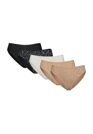 Pięć damskich fig bikini w kolorze czarnym, czarnym z białymi abstrakcyjnymi liniami, białym, beżowym oraz beżowym z białymi abstrakcyjnymi liniami, ułożonych w kształt wachlarza.