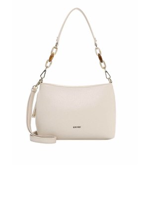 Borsa in pelle color pesca con texture liscia e dettagli in catena dorata. Presenta un manico superiore singolo e una tracolla rimovibile per versatilità.