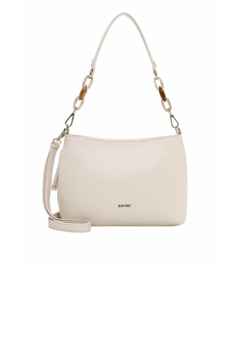 Růžovo-oranžová kožená kabelka s hladkou strukturou a zlatými řetízkovými detaily. Má jednu horní rukojeť a odnímatelný ramenní popruh pro větší variabilitu.