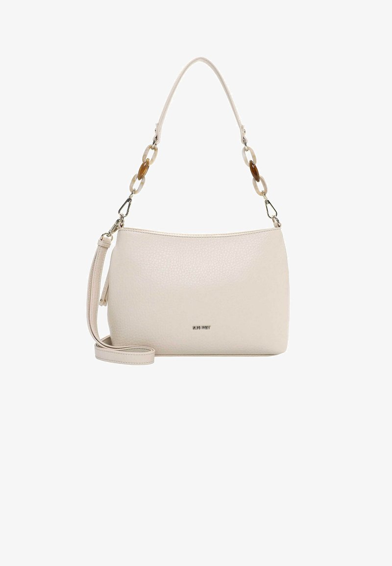 Růžovo-oranžová kožená kabelka s hladkou strukturou a zlatými řetízkovými detaily. Má jednu horní rukojeť a odnímatelný ramenní popruh pro větší variabilitu.