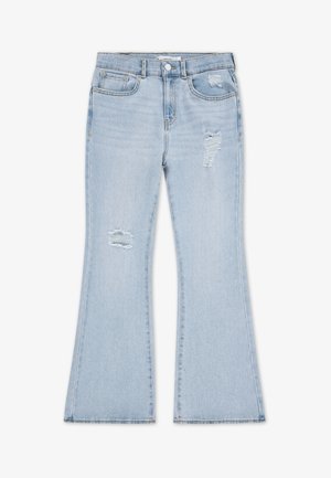 Jeans azzurri a zampa in denim con dettagli usurati, comprese toppe strappate sulle cosce e orlo pulito.