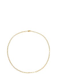 Collana in oro con maglie ovali allungate, finitura liscia e chiusura sicura, adatta per essere indossata a strati o da sola.