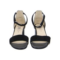 Black suede open-toe sandals with ankle straps and low block heels, labeled size 5 with cushioned insoles.