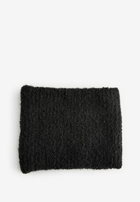 Black textured fabric rectangular cloth with a soft, fuzzy surface. Edges are straight and even, showcasing a consistent knitted pattern.
