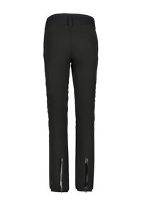 Zwarte broek van een gladde, rekbare stof, met een slim fit en ritssluitingen bij de enkels. De tailleband is elastisch voor extra comfort.