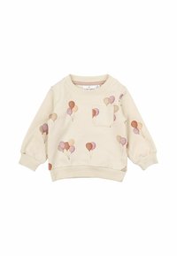 Sudadera beige de mangas largas, con un bolsillo y globos impresos en suaves tonos rosa y marrón. Puños y cuello de canalé.