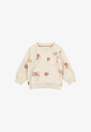 Bež sweatshirt s dolgimi rokavi, ki ima žep in natisnjene balone v nežnih roza in rjavih odtenkih. Rebrasti manšeti in izrez.