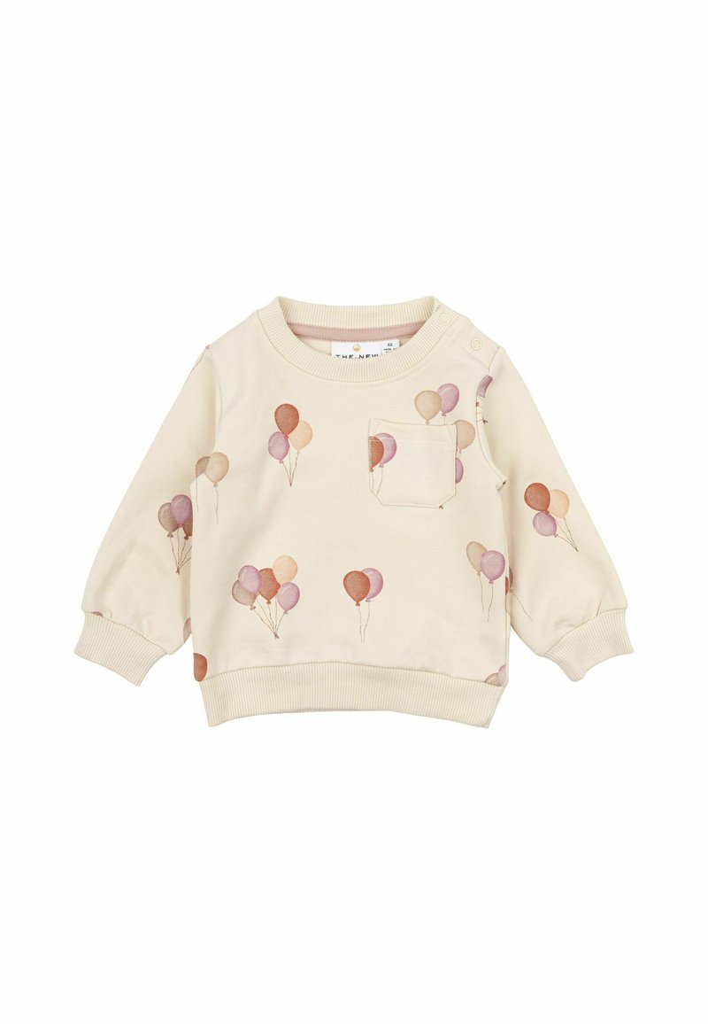 Sudadera beige de mangas largas, con un bolsillo y globos impresos en suaves tonos rosa y marrón. Puños y cuello de canalé.