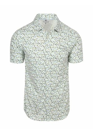 Korte mouwen overhemd met knopen, witte achtergrond en groen, blauw en zwart bladachtig patroon, maat medium, kraag inbegrepen.