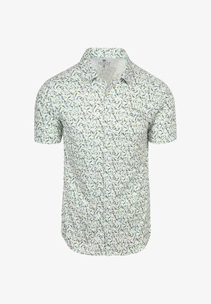 Kurzärmliges, knöpfbares Hemd mit weißem Hintergrund und grünem, blauem und schwarzem blattähnlichem Muster, mittlere Größe, mit Kragen.