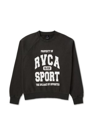 Felpa grigia scuro con testo bianco in grassetto: "PROPERTY OF RVCA SPORT 01/XX" e "THE BALANCE OF OPPOSITES." Caratterizzata da maniche raglan e polsini a costine.