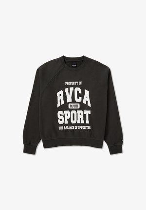 Felpa grigia scuro con testo bianco in grassetto: "PROPERTY OF RVCA SPORT 01/XX" e "THE BALANCE OF OPPOSITES." Caratterizzata da maniche raglan e polsini a costine.