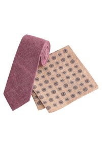 Burgundy wool tie with a smooth texture, paired with a beige pocket square featuring a repeating floral pattern in dark brown.