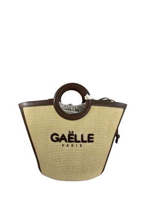 Borsa in paglia intrecciata con manici rotondi in pelle marrone, bordatura marrone e "GAËLLE PARIS" ricamato sul davanti con lettere nere.