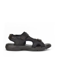Sandalia de cuero negro con múltiples tiras, hebillas ajustables y una suela acolchada. Presenta huecos para transpirabilidad y una plantilla texturizada.