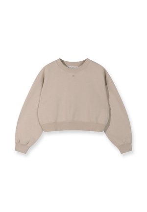 Beige cropped sweatshirt met een ronde halslijn, lange pofmouwen en geribbelde manchetten. Gladde stof zonder zichtbare patronen of accenten.