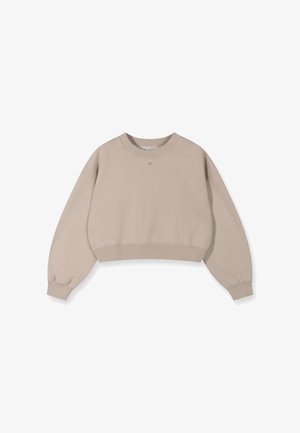 Beige kurz geschnittenes Sweatshirt mit rundem Halsausschnitt, langen Puffärmeln und gerippten Bündchen. Glattes Material ohne sichtbare Muster oder Akzente.