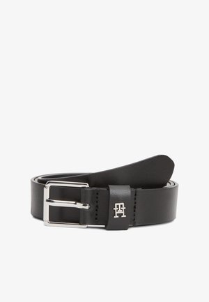 Black leather belt with a textured finish, silver metal buckle, and logo accent. Flat design with a tapered end. Standard width.