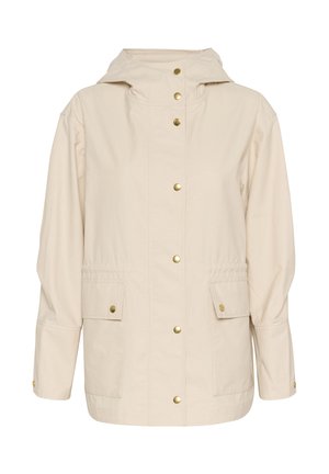 Beige sateen sadetakki, jossa on huppu. Valmistettu sileästä kankaasta. Sisältää kultaiset napit, kaksi etutaskua ja elastiset hihansuut.