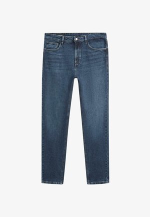 Mørkeblå jeans med lige ben, forlommer, bæltestropper og en knaplukning foran på en hvid baggrund.