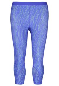 Purpurowe legginsy sportowe z geometrycznym wzorem w jaśniejszych odcieniach. Posiadają szeroki pas i siateczkowe wstawki na dolnej części nóg.