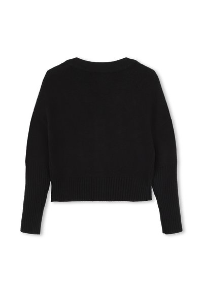 Zwarte cropped trui met een ronde halslijn, lange mouwen, geribbelde boorden en een zachte gebreide textuur. Eenvoudig, onversierd ontwerp.