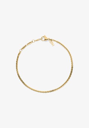 Bracelet délicat en chaîne d'or avec des maillons rectangulaires, fermoir mousqueton et un petit pendentif attaché ornée de lettres stylisées "CH".