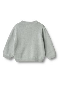 Maglione a maniche lunghe grigio chiaro lavorato a maglia con collo, polsi e orlo a coste, mostrato di schiena su uno sfondo bianco.