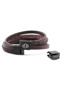 Pulsera de cuero trenzado marrón con un cierre negro que presenta un logo de loto. Incluye una pieza de conector negra adicional.