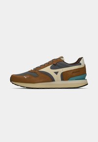 Brown suede and gray mesh sneaker with beige accents, featuring a teal heel detail and a rubber sole, designed for comfort and support.