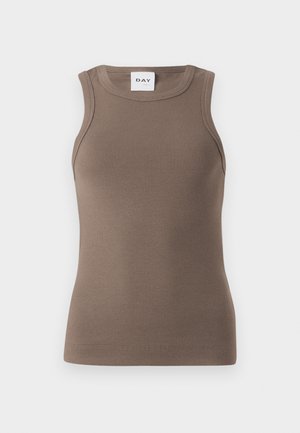 Καφέ ριγωτό αμάνικο μπλουζάκι με εφαρμοστή γραμμή, στρογγυλή λαιμόκοψη και χωρίς μανίκια. Η ετικέτα γράφει "DAY" στην κορυφή.