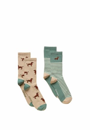 Two pairs of socks: one beige with brown dog pattern and teal toes, the other teal with white stripes and a small brown dog near the cuff.