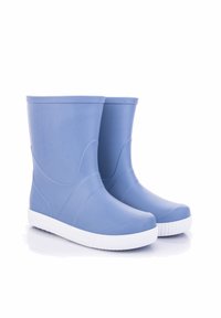Jasnoniebieskie gumowe kalosze o gładkiej fakturze, zaokrąglonych czubkach i białych podeszwach. Posiadają zaokrąglone boki i prosty design.