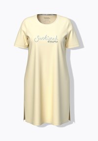 Camisón de manga corta amarillo pálido con escote redondo y texto bordado en azul "Sunkissed dreams" en el pecho, aberturas laterales en el dobladillo.