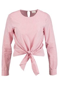 Blouse à manches longues rayée verticale rose et blanche avec col rond et nœud noué à l'avant à la taille.