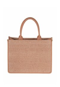 Sac fourre-tout en textile beige tissé avec des accents et poignées en similicuir marron clair. Forme rectangulaire avec une surface texturée et aucun élément métallique visible.
