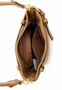 Pruunika nahast käekott, sileda tekstuuriga. Siseküljel pruun vooder, tõmblukuga tasku ja avatud tasku korra hoidmiseks. Kuldsete metalldetailidega.