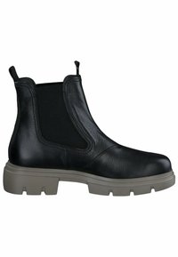 Bottines noires en cuir avec des panneaux élastiques sur les côtés, un bout arrondi et une semelle en caoutchouc gris épaisse avec des rainures pour l'adhérence.