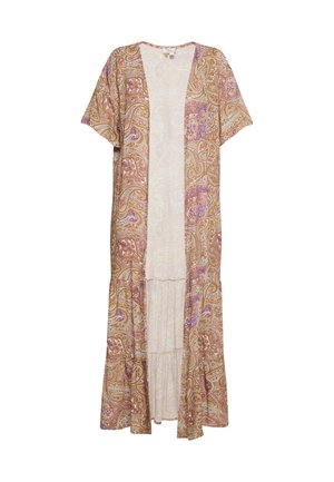 Pitkä, kevyt kimono vaaleanruskeana, jossa on paisley-kuvio vaaleanpunaisena ja purppurana. Siinä on lyhyet hihat ja kerroksellinen helma.