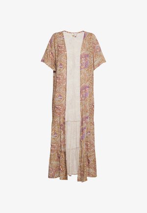 Lang, let kimono i lys brun med paisley-mønster i pink og lilla. Har korte ærmer og en lagdelt kant.