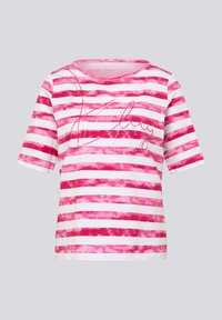 Short-sleeve pink and white striped t-shirt with a soft texture and a decorative script pattern, featuring a round neckline and relaxed fit.