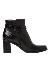 Bottine en cuir noir avec fermeture éclair latérale, motif croco texturé au talon et sur la bride, et talon carré.