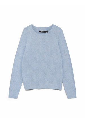 Pull-over en tissu doux bleu clair avec un col rond et des manches longues ; texture lisse et coupe décontractée. Aucun motif ni accent.